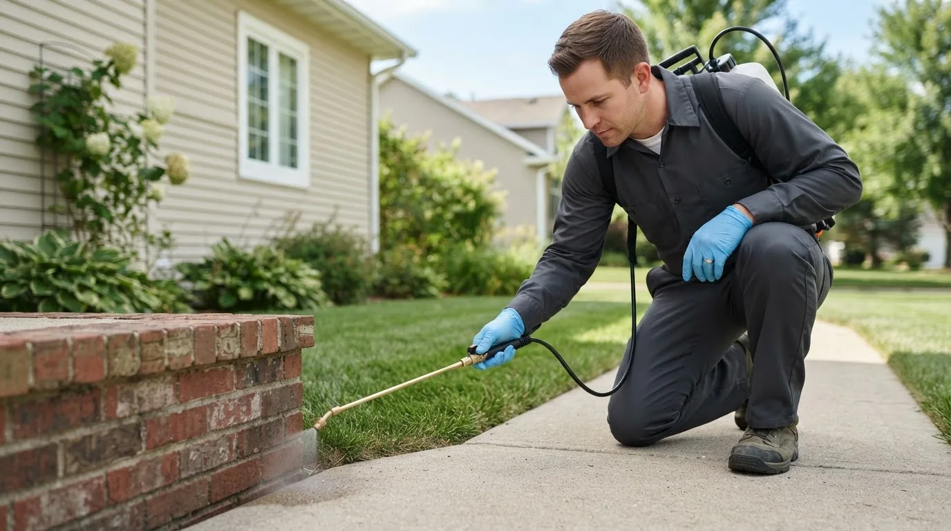 Pest control technician treating a home near Breedsville, MI