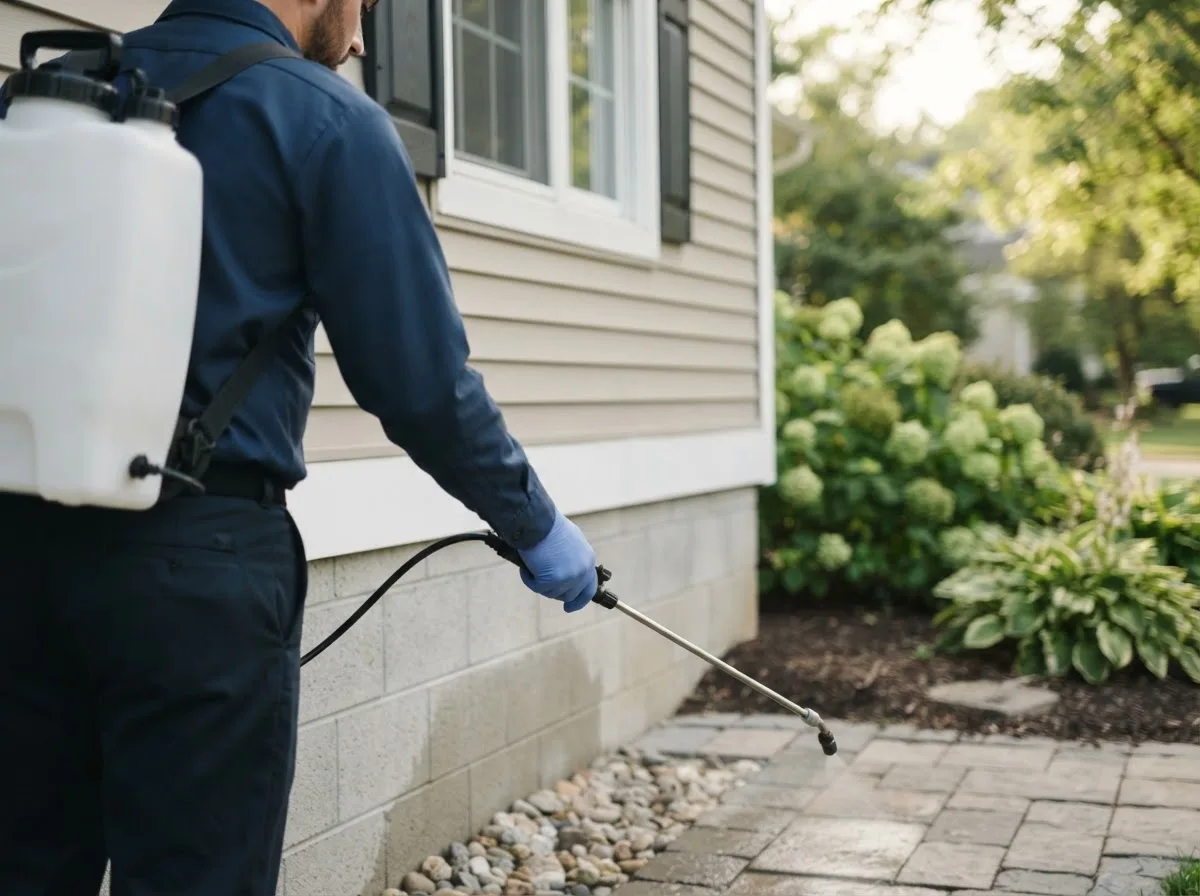 Pest control technician inspecting a home in Breedsville, MI